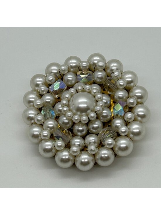 Japan Jewelry - Vintage Faux Pearl Brooch Aurora Borealis Crystals Wreath Cluster 1950s Japan